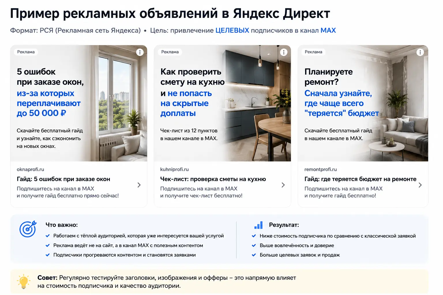 Примеры креативов в Яндекс Директ для продвижения канала в MAX с помощью РСЯ.