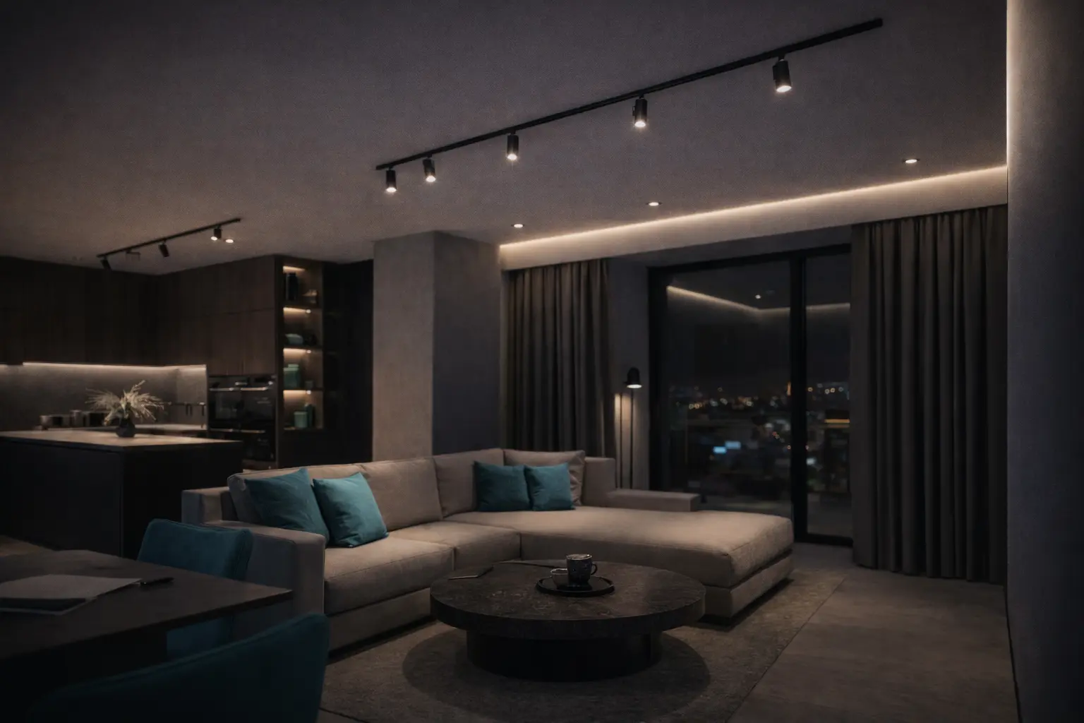 Современная открытая кухня-гостиная с трековым освещением, мягкой контурной подсветкой и бирюзово-графитовыми акцентами.