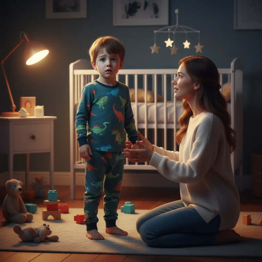 Мама разговаривает с маленьким мальчиком в пижаме с динозаврами в детской комнате, освещенной ночной лампой, на фоне детской кроватки и игрушек.