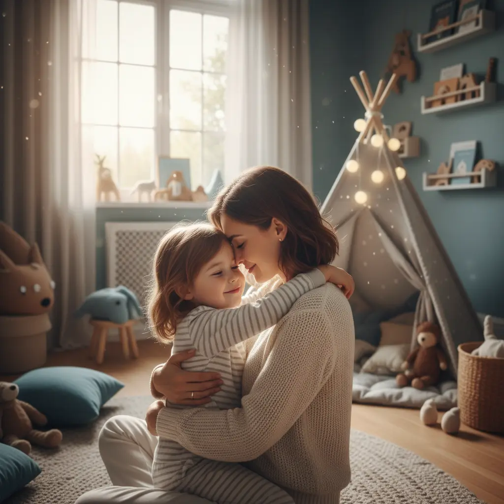 Мама нежно обнимает маленькую девочку в уютной детской комнате с мягкими игрушками и игровым вигвамом, тепло освещенной дневным светом.