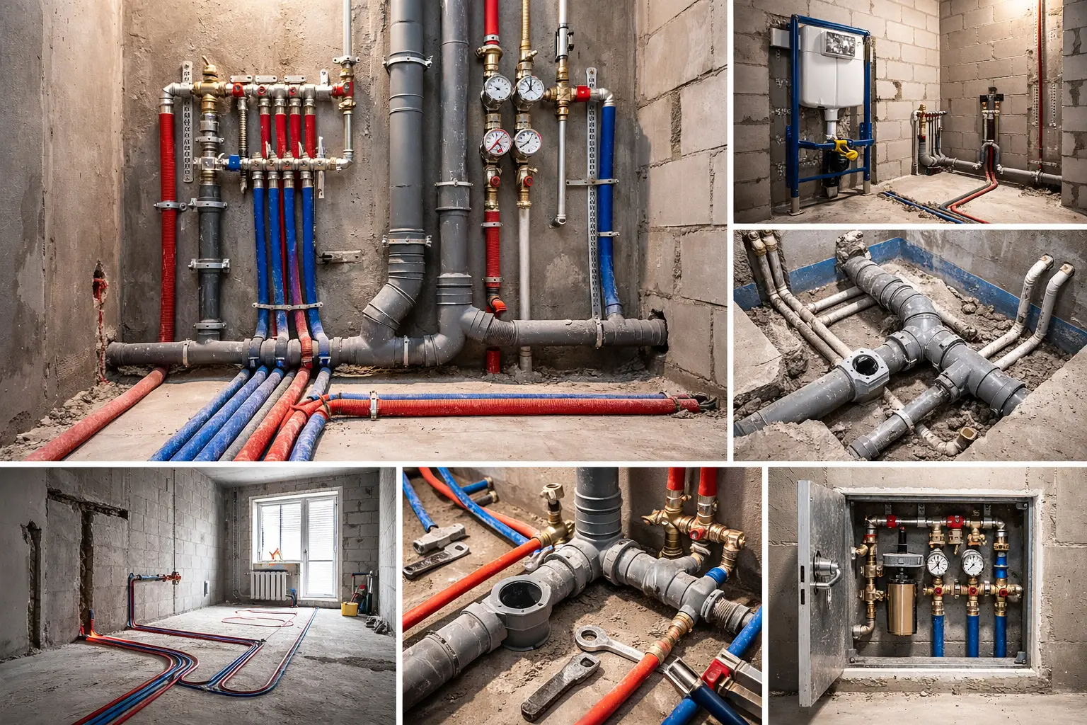 Черновая сантехника в квартире на этапе ремонта: открытые трубы, коллекторный узел и выводы под сантехнику до начала чистовой отделки.