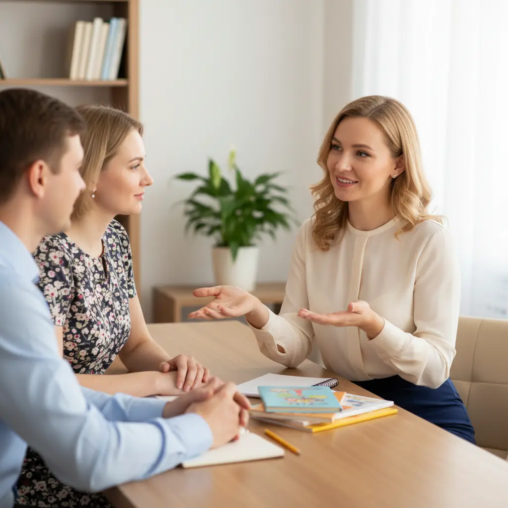 педагог-психолог , женщина милая, ухоженная, приятной славянской внешности беседует с родителями. бережно объясняет правила поведения с ребенком. доброжелательная доверительная атмосфера