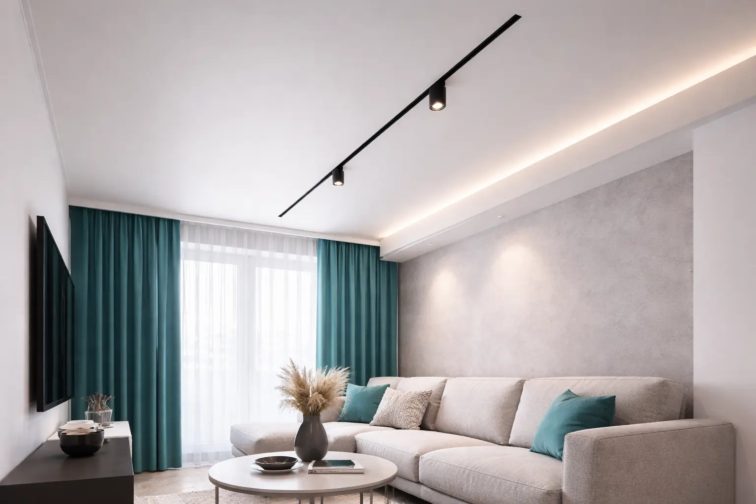 Современный интерьер с натяжным потолком, встроенным чёрным треком, мягкой контурной подсветкой и фирменными бирюзово-графитовыми акцентами.