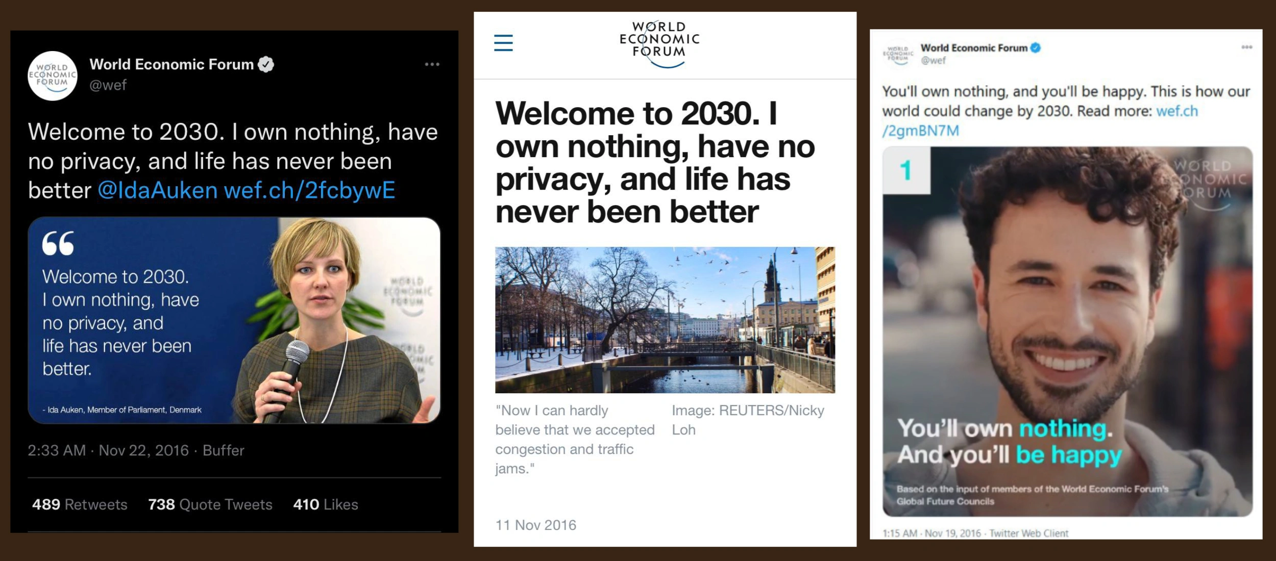 Коллаж со скриншотами материалов World Economic Forum о сценарии 2030 года и фразе You’ll own nothing, and you’ll be happy.