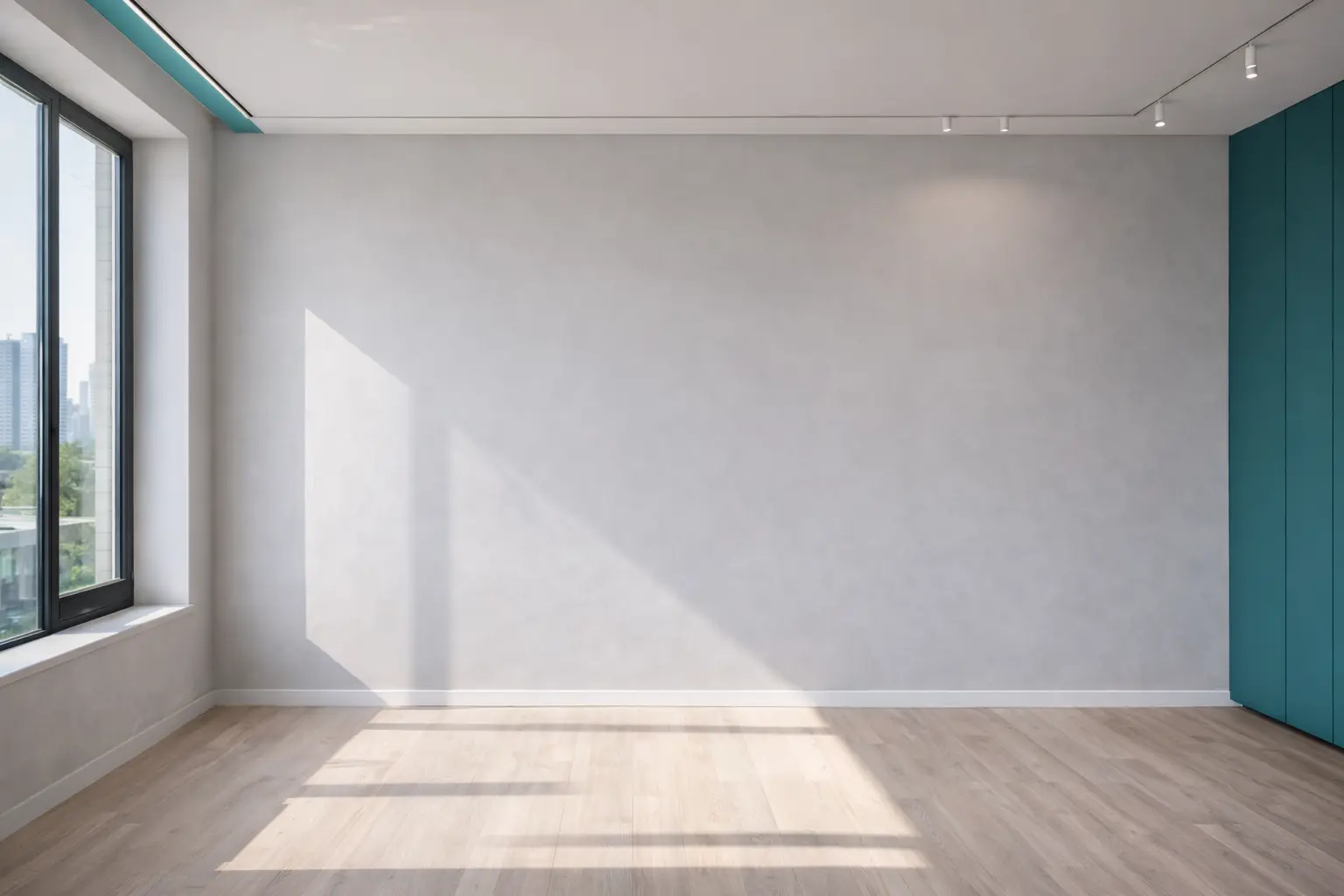 Светлый современный интерьер с большой окрашенной стеной, боковым дневным светом и графитово-бирюзовыми акцентами, подчеркивающими качество малярных работ.