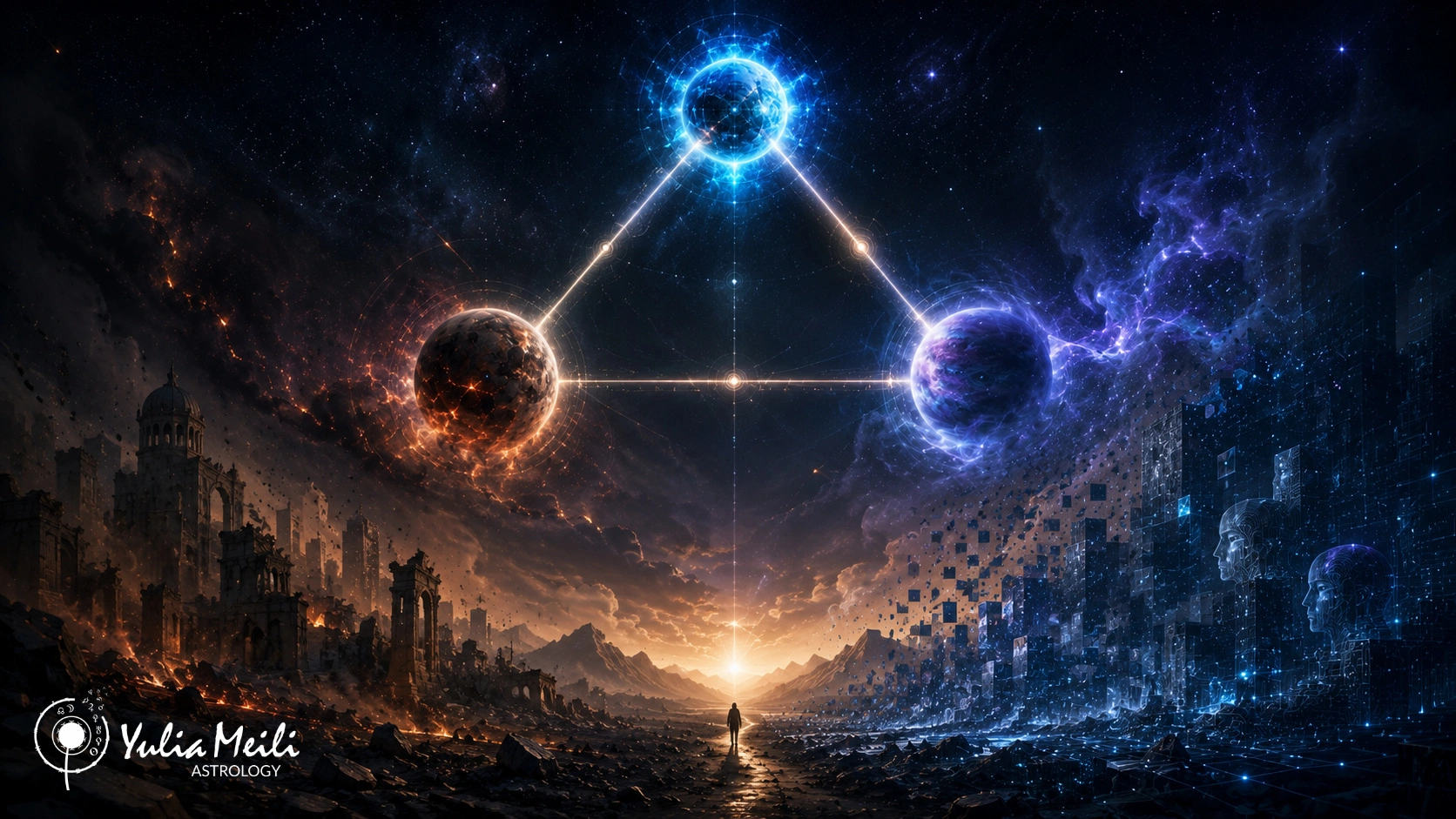 Astrological illustration: the triangle of Uranus, Pluto and Neptune above a digital world, symbol of the global Reset 2026.