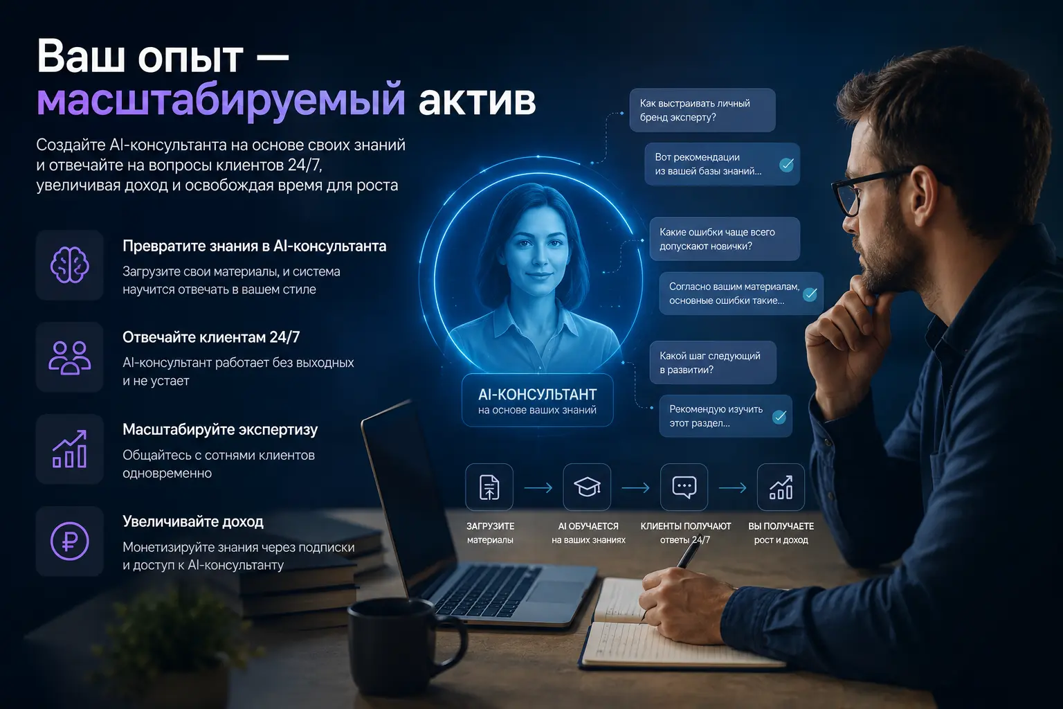 AI-консультант на основе знаний эксперта помогает автоматизировать ответы клиентам, масштабировать экспертизу и увеличить доход.
