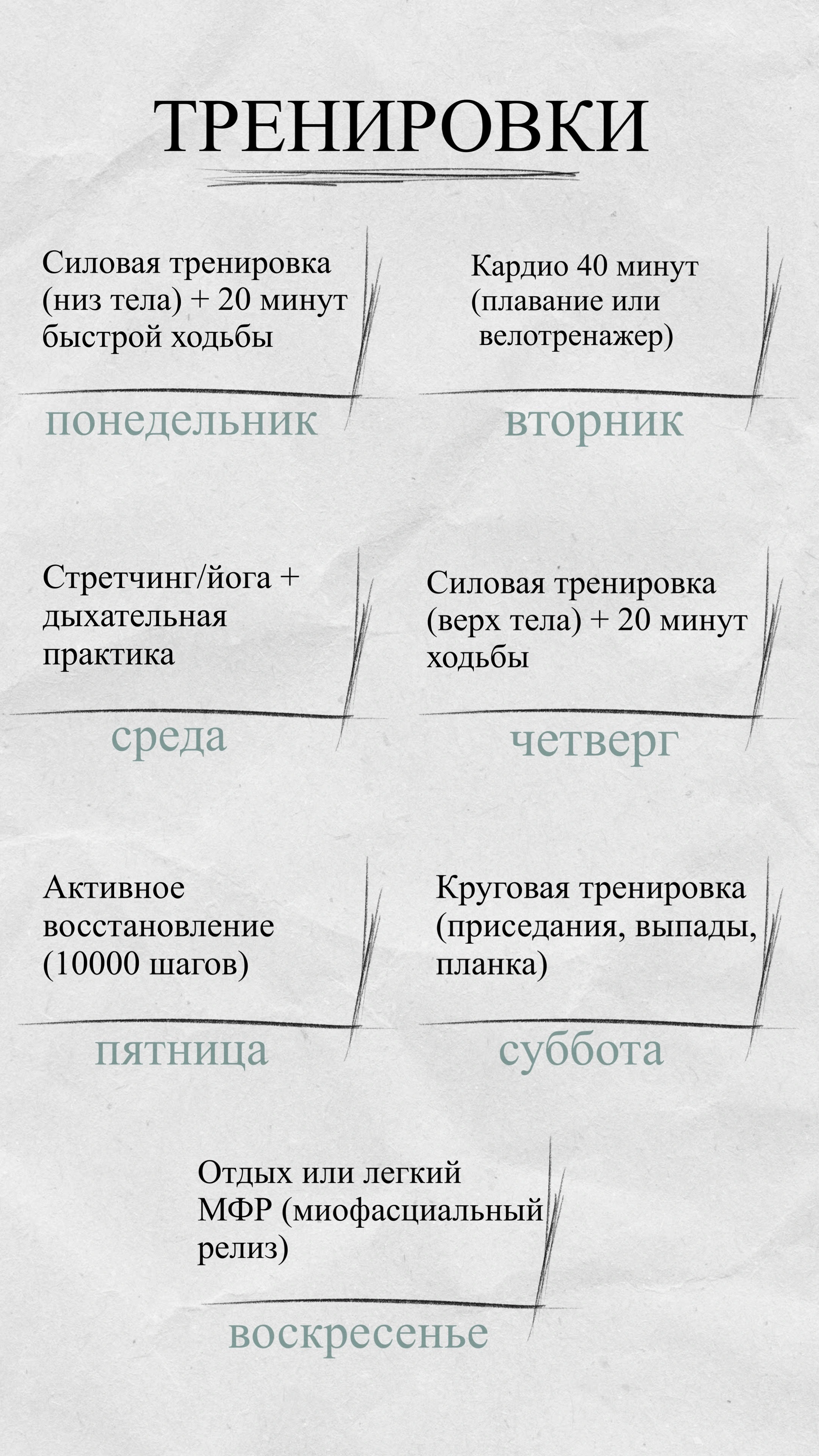  Программа тренировок при целлюлите по дням недели