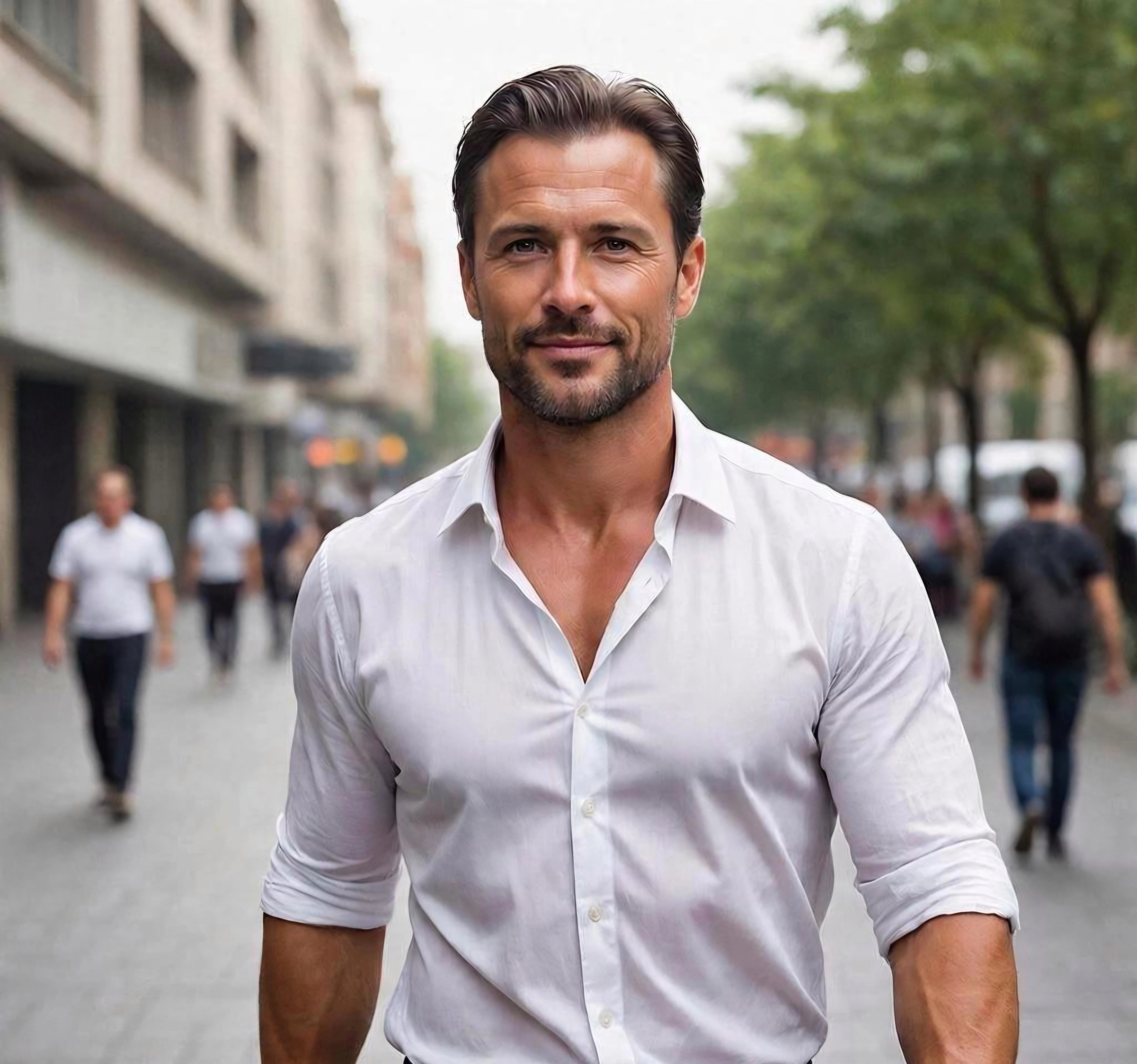 Мужчина 40-50 лет в отличной физической форме с рельефными мышцами рук, плеч и груди. Пример эффективного результата силовых тренировок и правильного питания для набора мышечной массы после 40 лет, борьбы с возрастной саркопенией