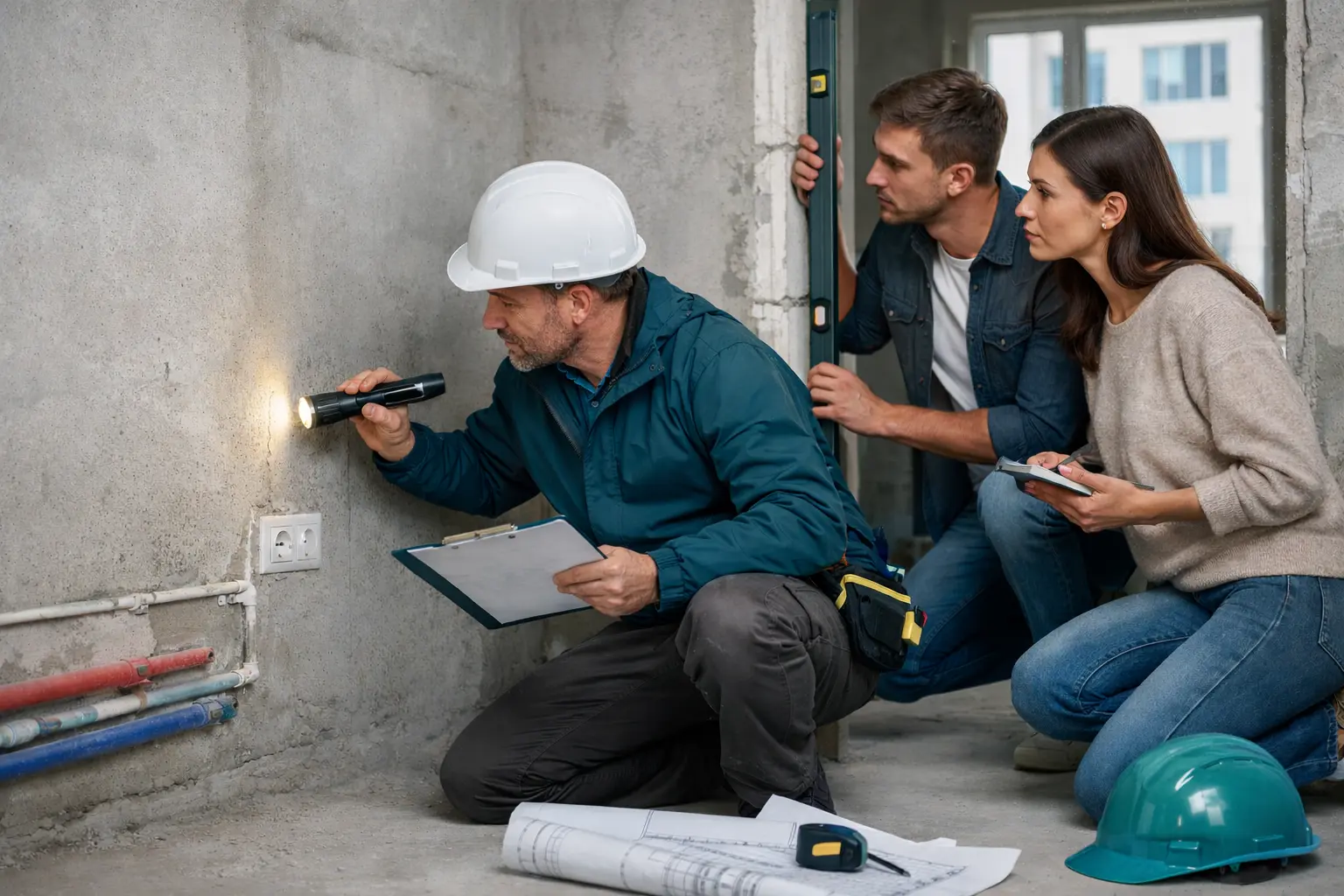 Осмотр квартиры от застройщика перед ремонтом: специалист и заказчики проверяют стены, инженерные выводы и геометрию помещения.