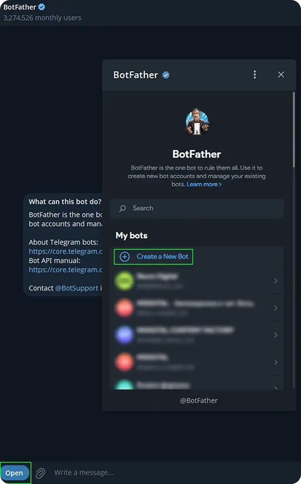 Create a New Bot - команда, которая создаст нового бота