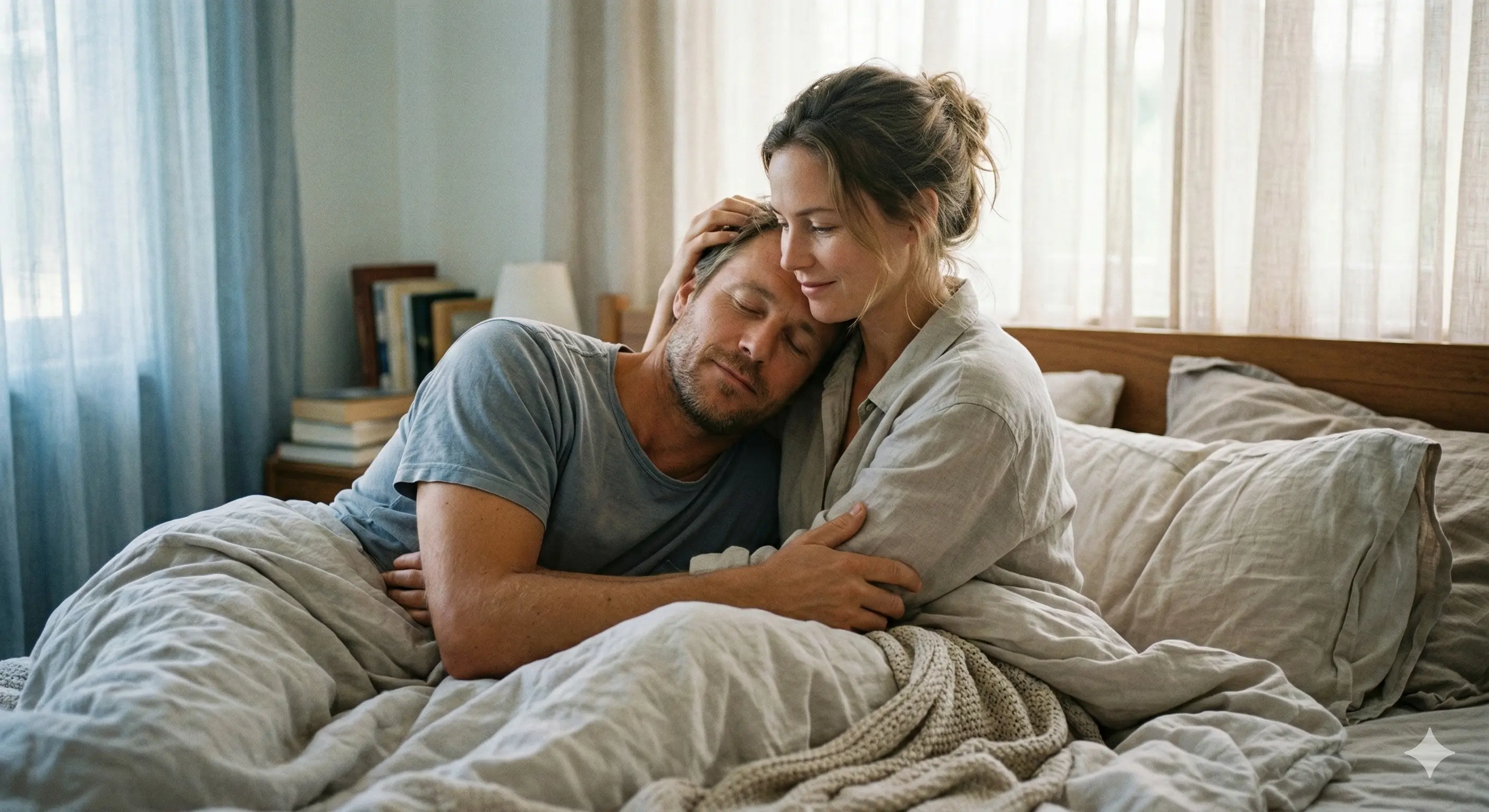 Aesthetic candid shot of a couple embracing in bed. The man looks like a tired hero finally finding rest, eyes closed in a deep peaceful sleep. The woman is holding him like something precious, a look of quiet tenderness on her face. Soft morning or evening light through curtains. Natural, non-staged look, ethereal atmosphere, bokeh, soft textures of cotton and skin.