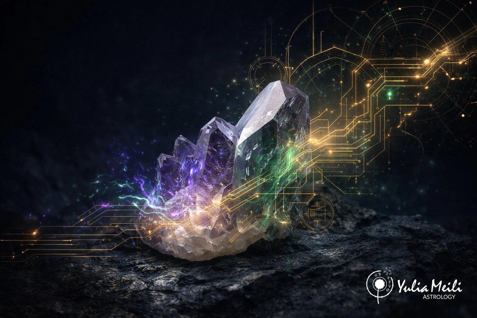 Кристалл с электронными схемами символизирует научную основу работы минералов