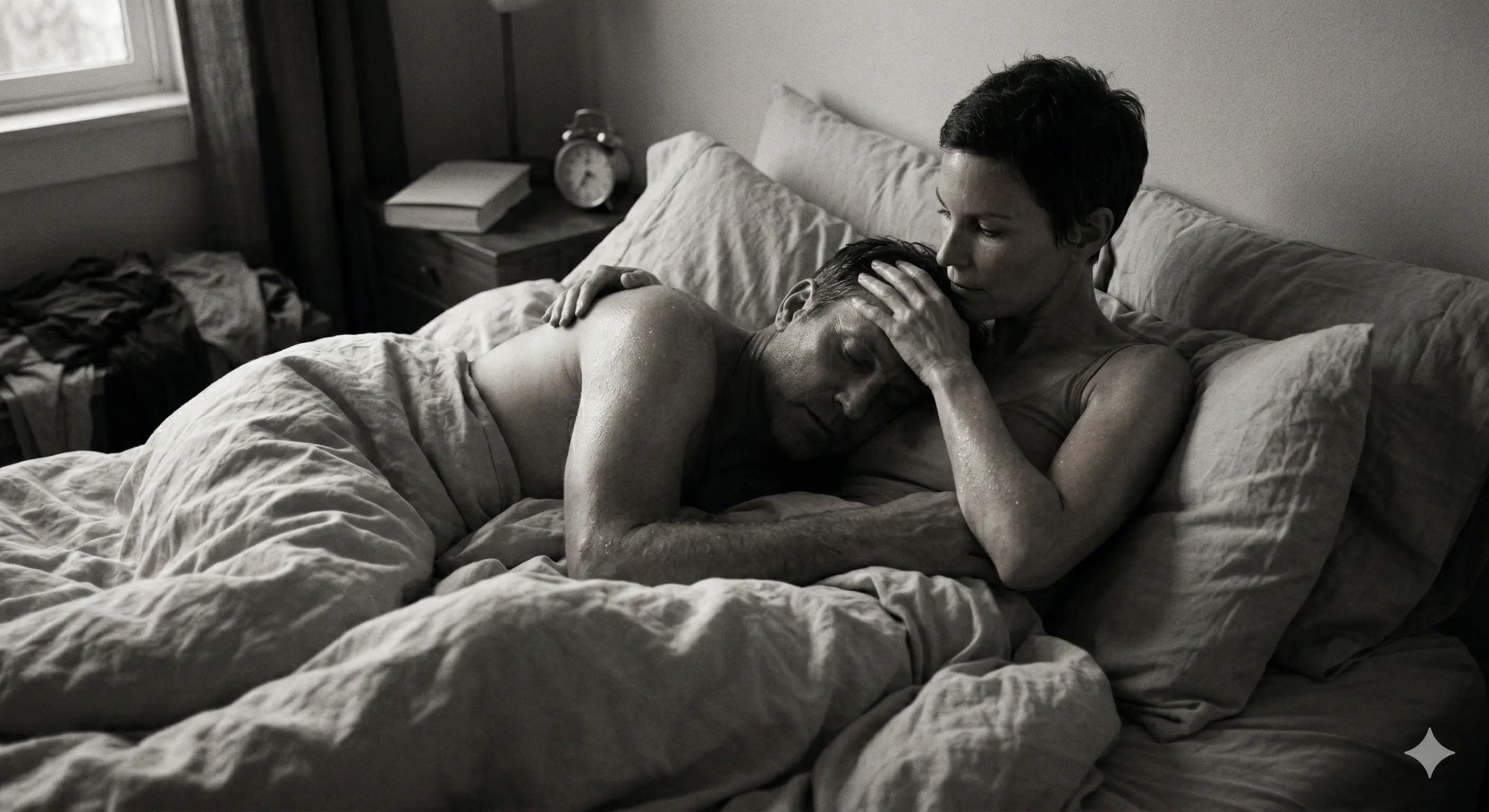 Кинематографичная, интимная фотография в стиле реализма, снятая в сумерках в тесной, теплой спальне в августе. Воздух кажется тяжелым от жары и влажности, что подчеркивается мягким, рассеянным светом, проникающим через окно.  Двое взрослых людей, мужчина и женщина, лежат на кровати в объятиях после близости. Они оба мокрые от пота, их кожа блестит. Фокус кадра сосредоточен на их уязвимости. Женщина полулежит, прижимая мужчину к себе. Мужчина свернулся калачиком, его голова лежит у неё на плече, он полностью расслаблен и обессилен, с закрытыми глазами, погруженный в глубокий, умиротворенный сон. Её рука нежно поглаживает его по затылку.