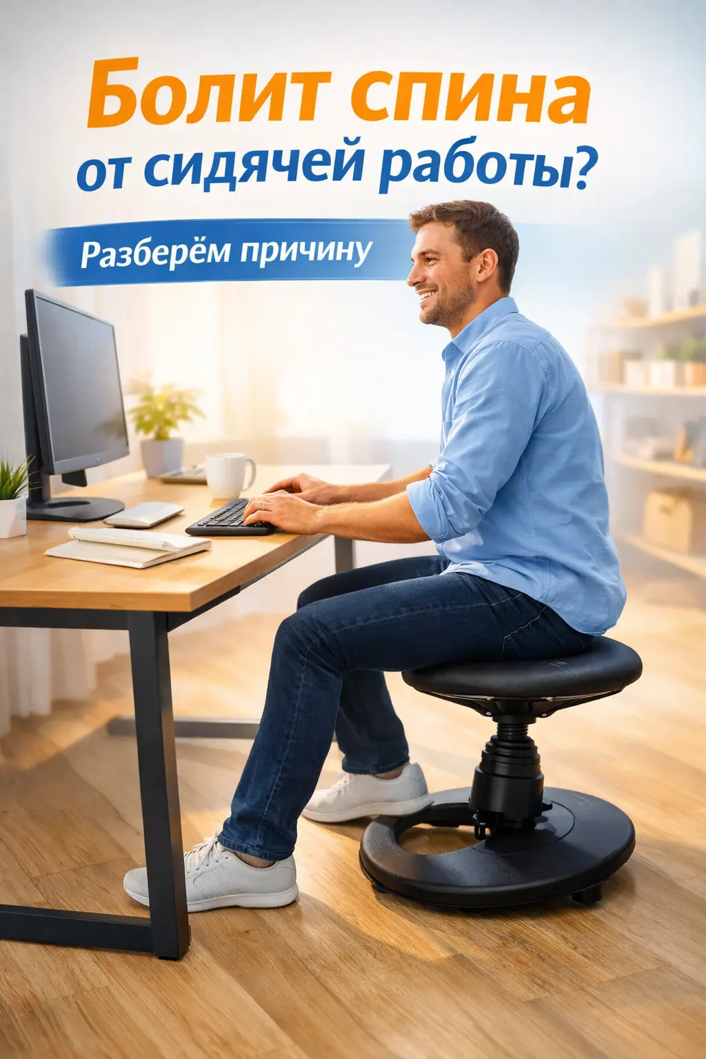 Человек за рабочим столом, сидит на Танцующем Стуле, видно лёгкое движение тела, ощущение лёгкости и свободы.