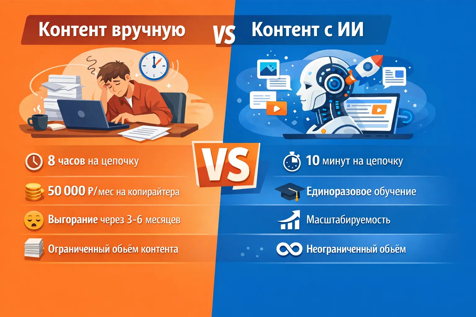 Сравнение писать контент вручную и делать контент с помощью ИИ