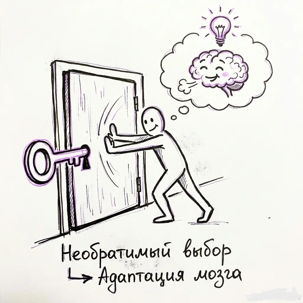 У нашего мозга есть встроенный адаптивный механизм. Когда перед человеком встает жесткий факт — «все, выбор сделан, назад дороги нет», — голова начинает автоматически перестраиваться так, чтобы ты стал доволен тем, что имеешь