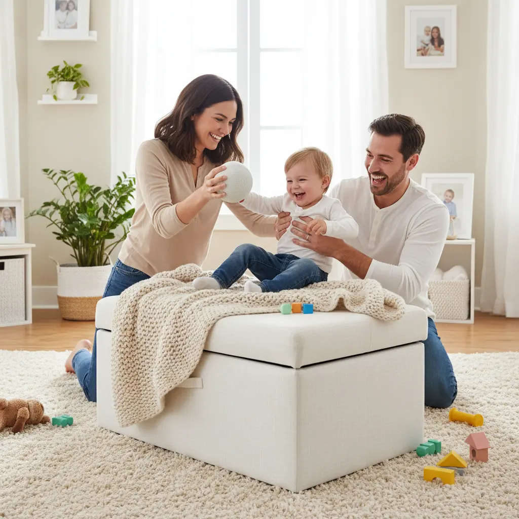 счастливая семья, мама, папа и ребенок весело игнрают в комнате на белом уютном кофре