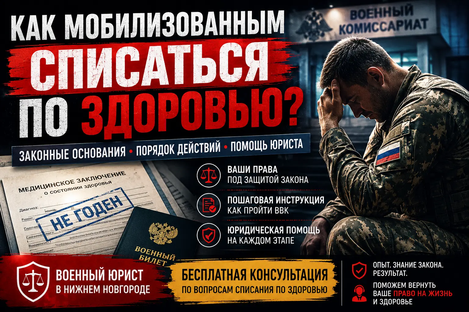 Как мобилизованному уволиться по состоянию здоровья? Разбираем порядок прохождения ВВК, основания для списания, необходимые документы и способы обжалования отказов. Бесплатная консультация военного юриста в Нижнем Новгороде.