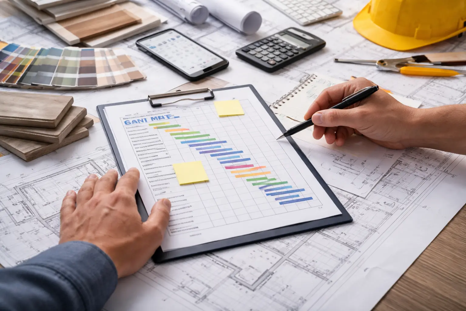 Планирование сроков ремонта квартиры: чертежи, график этапов работ и документы по объекту на рабочем столе.