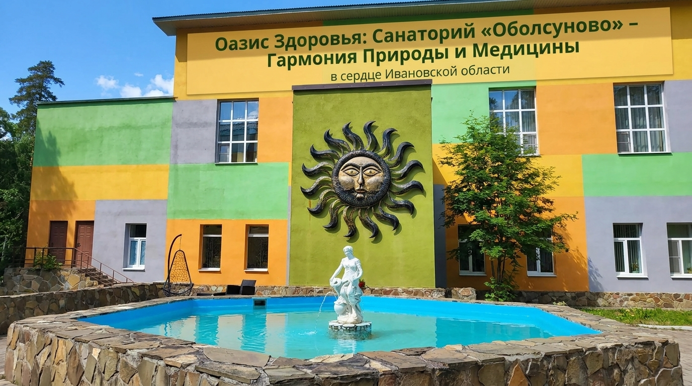 Здание санатория «Оболсуново» в Ивановской области с разноцветным фасадом и фонтаном.