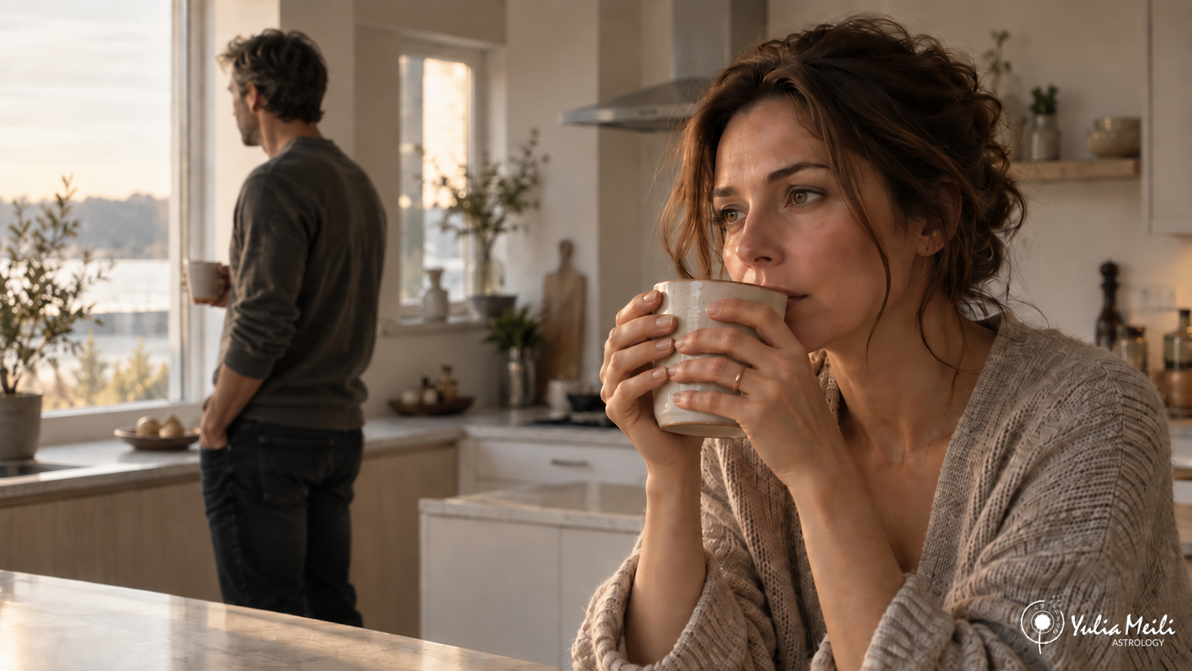 A couple in the kitchen in the morning – each lost in their own thoughts. A relationship crisis: being close, but not truly together.